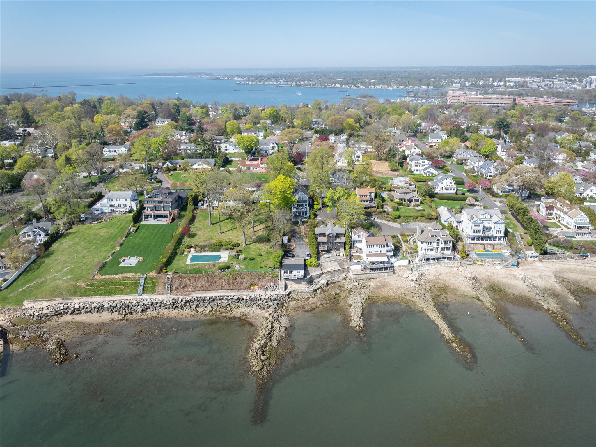 Aerial view of Shippan Point peninsula with luxury homes along the waterfront